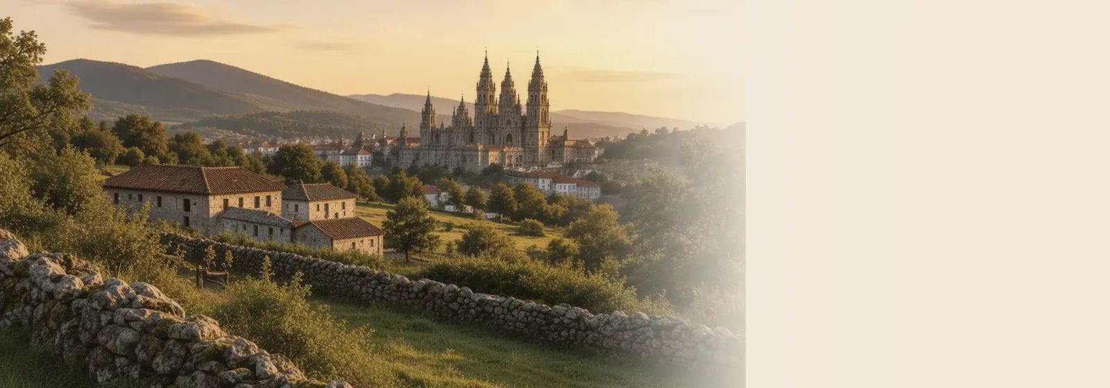 Galician countryside at dusk, with a stone farmhouse, dry-stone wall, and a cathedral town in the distance.
